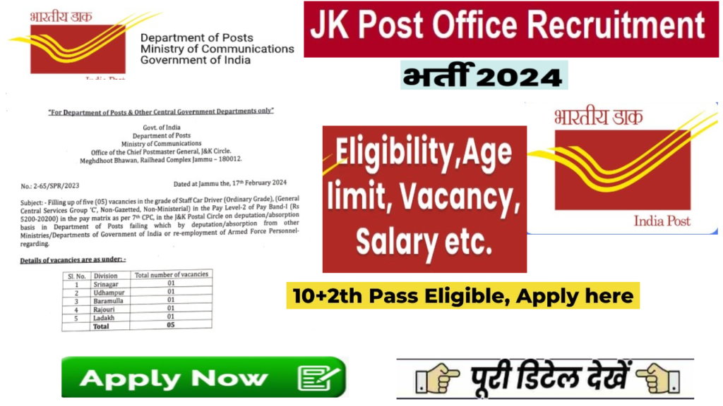 JK Post Office Recruitment 2024 जम्मू कश्मीर में पोस्ट ऑफिस स्टाफ कार ड्राइवर के पद