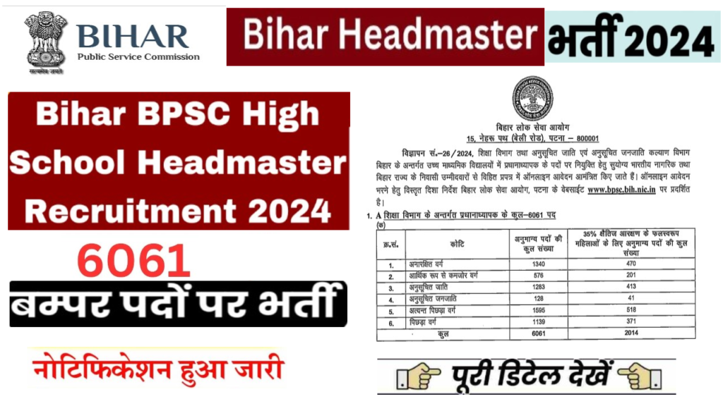 BPSC Headmaster Bharti 2024 बिहार लोक सेवा आयोग में हेडमास्टर के 6061 पदों पर भर्ती के लिए अधिसूचना जारी।