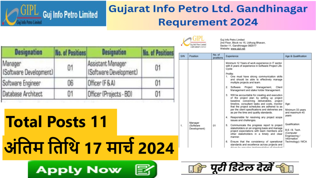 GIPL Bharti 2024 गुजरात इन्फो पेट्रो लिमिटेड में विभिन्न पदों पर भर्ती के लिए अधिसूचना जारी।