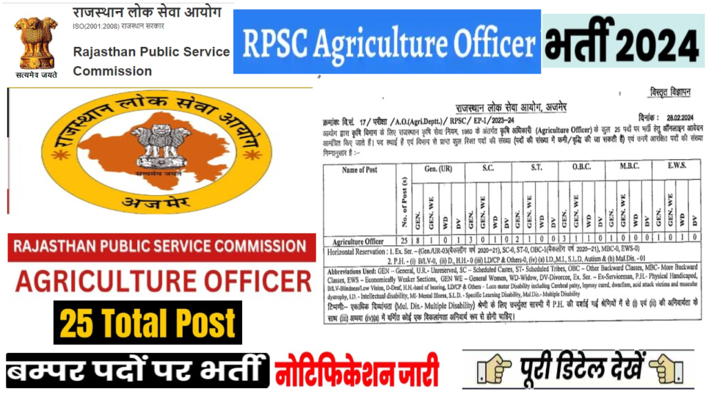 RPSC Agriculture Officer Bharti 2024 राजस्थान लोक सेवा आयोग में 25 पदों पर भर्ती का नोटिफिकेशन जारी